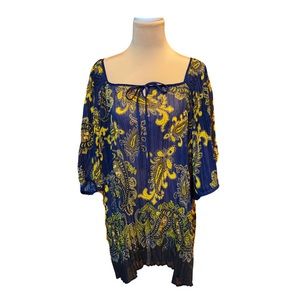 Lane Bryant Pleated Square Neck Navy and Gold Paisley Tunic 26/28
